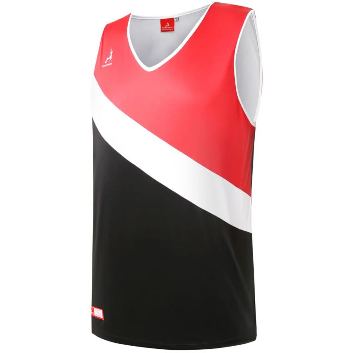A sleeveless singlet featuring a red, white, and black design with a logo on the front.