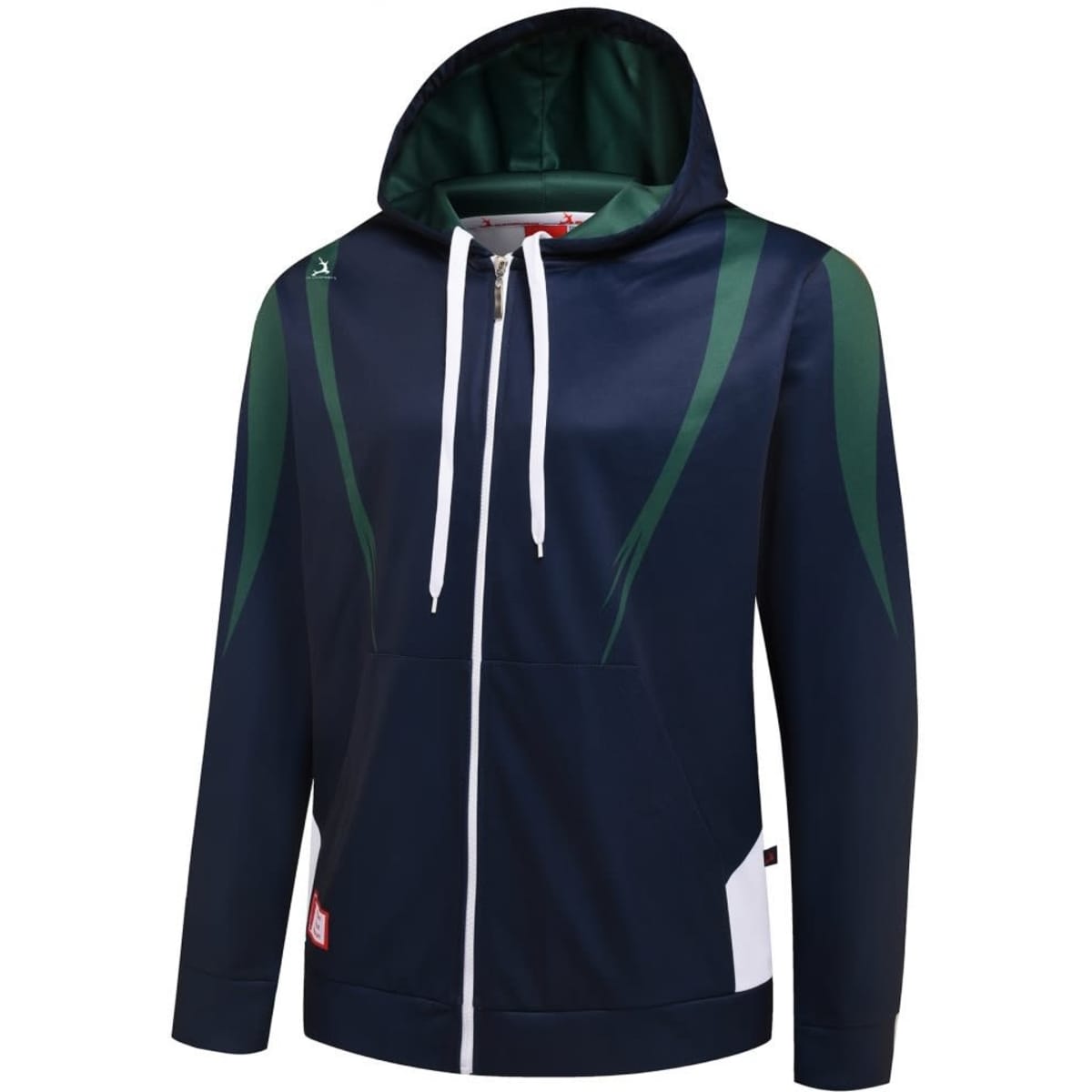A navy blue hoodie with green accents and a white panel, featuring a logo on the chest and a zip-up front.