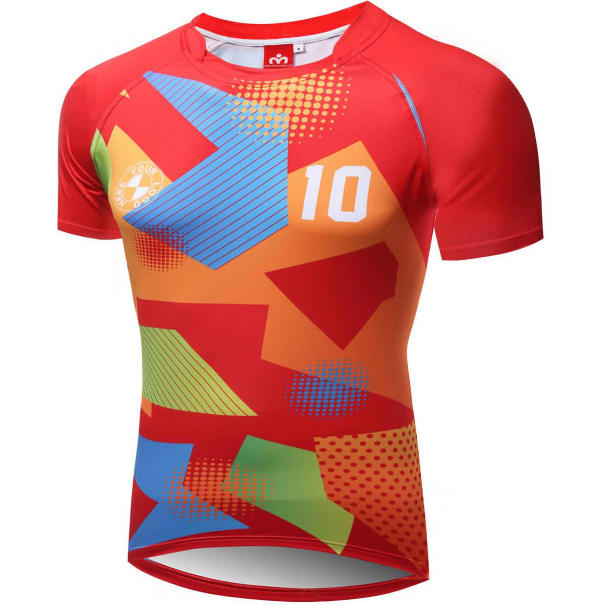 A red football jersey featuring a colourful abstract design with geometric shapes and a logo on the front.