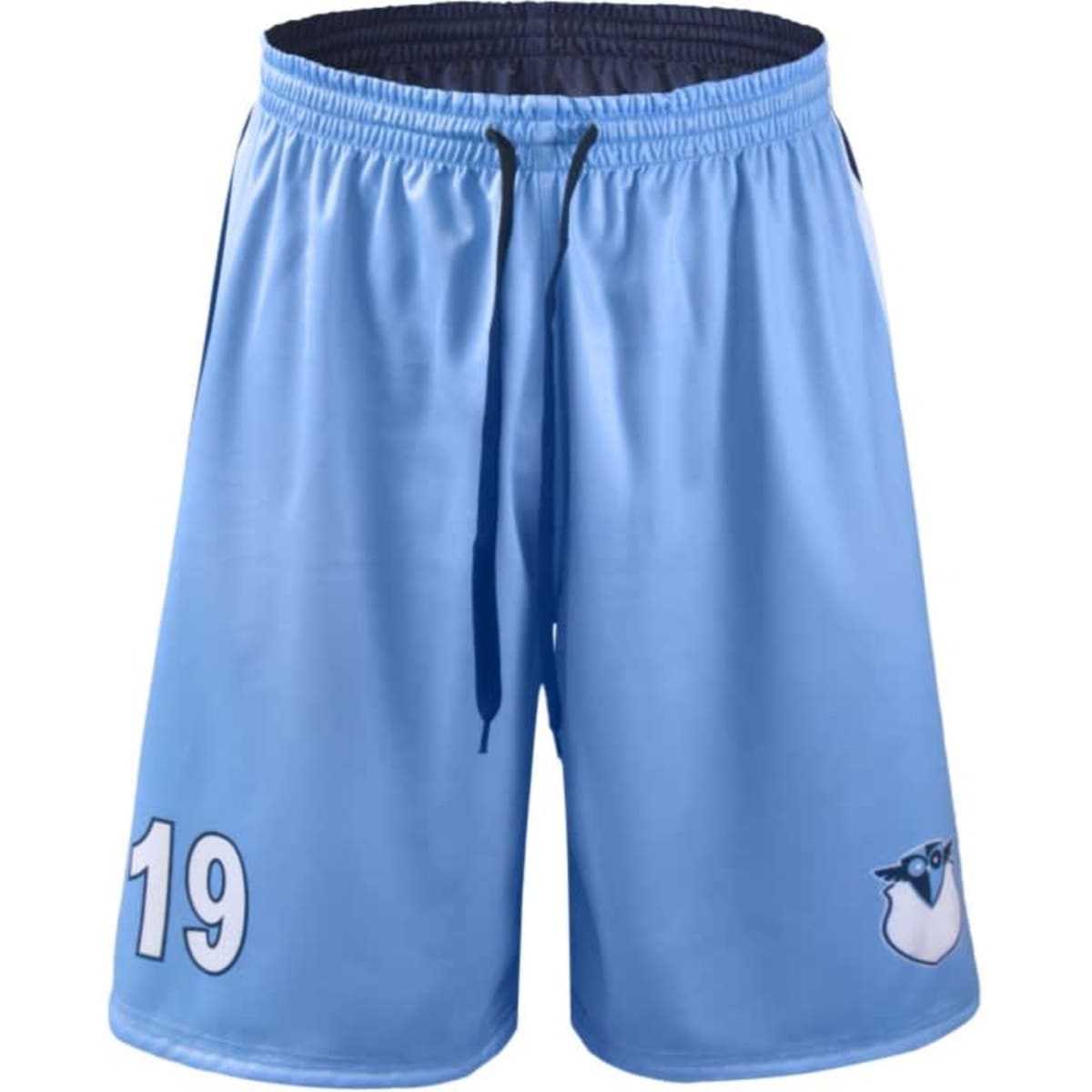 Reversible basketball shorts in light blue with a logo and a number 19 on the front.