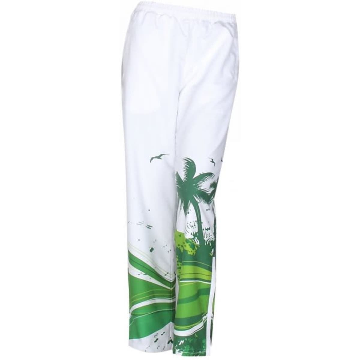 Tracksuit pants in white with green graphics and a palm tree design. Features an elastic waistband and loose fit.