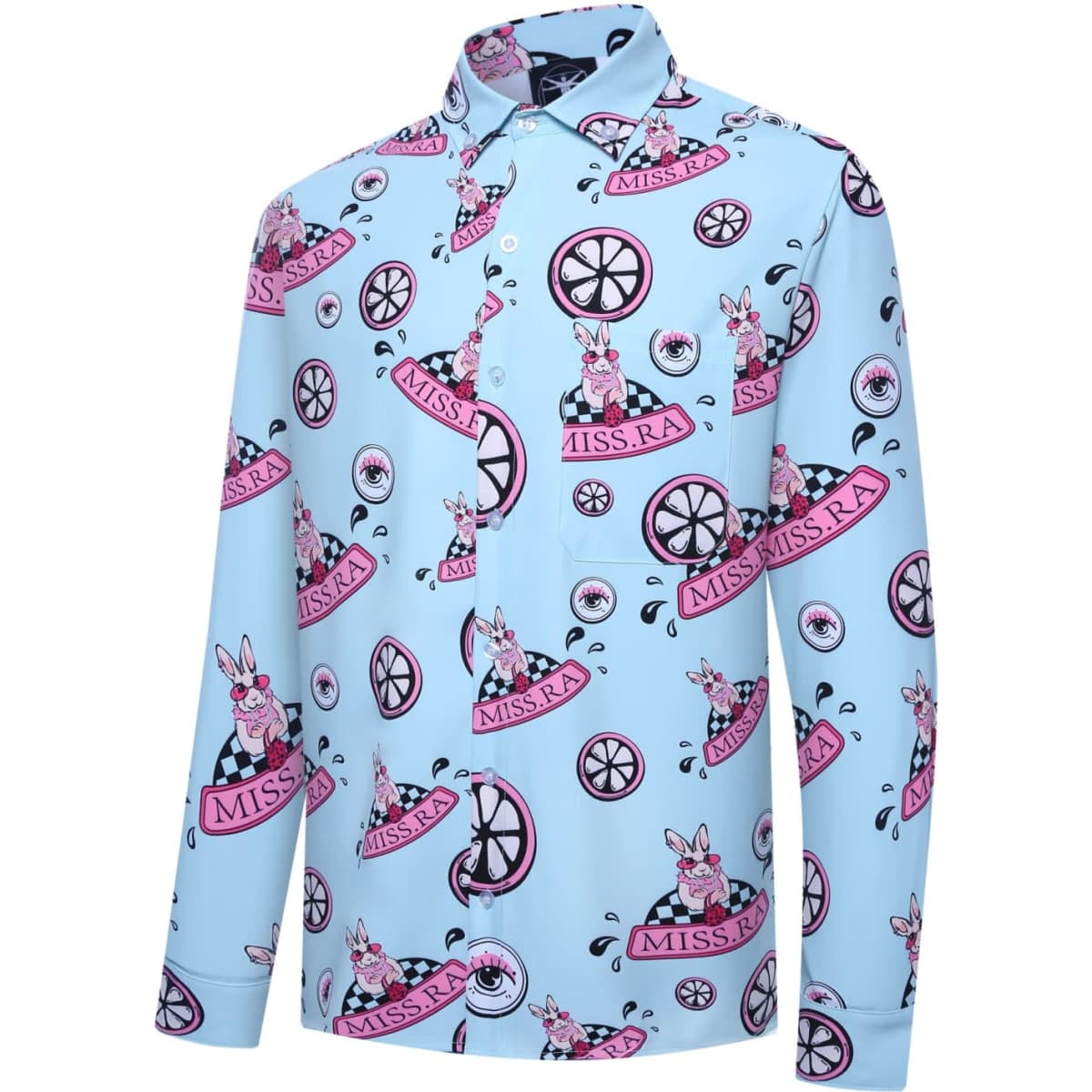 A light blue custom shirt featuring a whimsical pattern with bunnies and wheels, along with a logo.