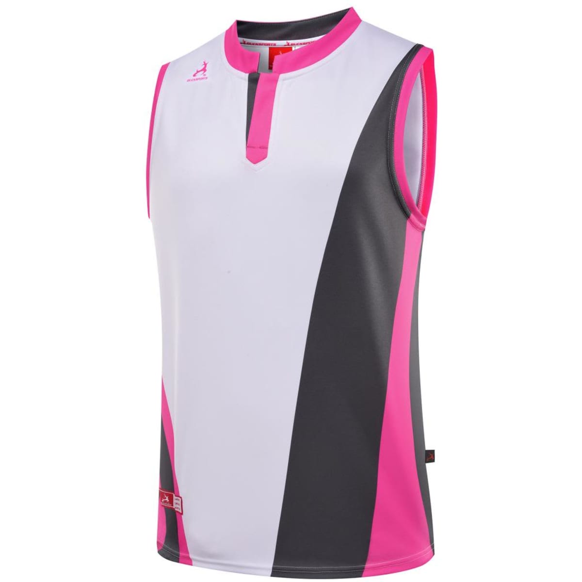 AFL singlet in white with pink and grey accents, featuring a logo on the front.