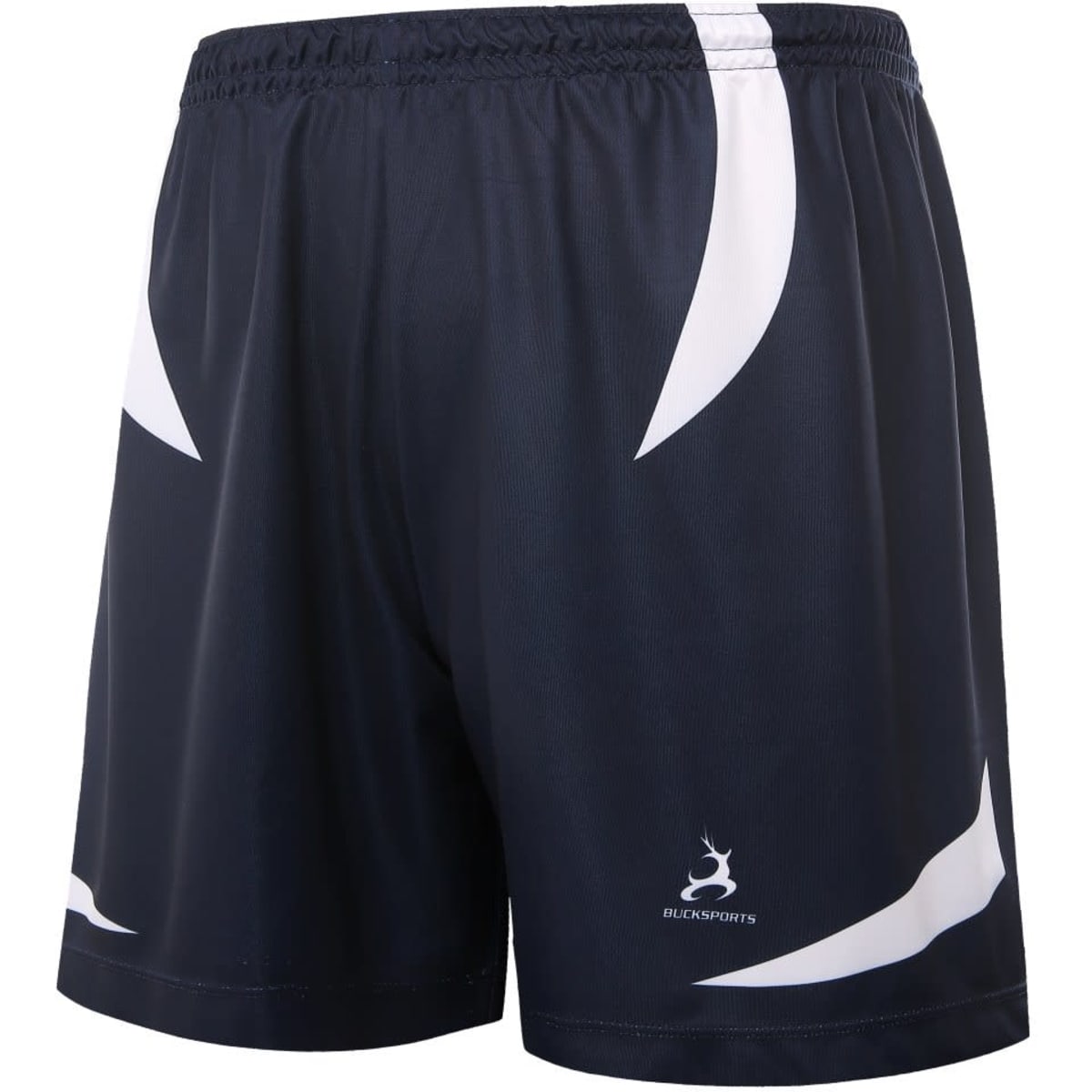 A pair of navy shorts featuring white design elements and a logo.