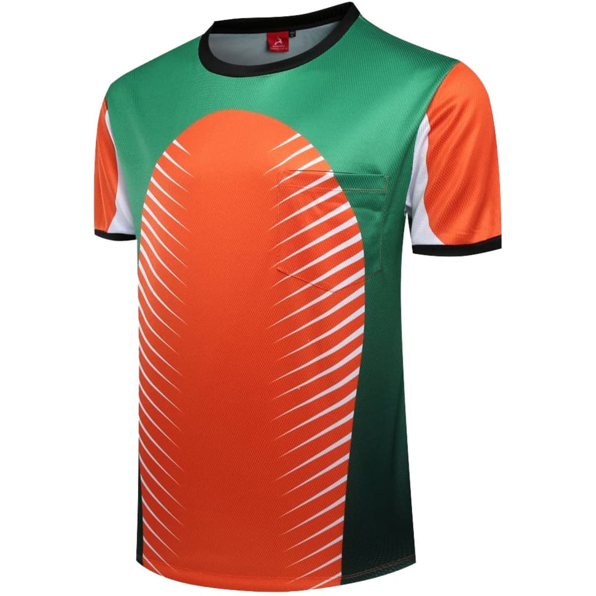 A custom esports T-shirt featuring a striking design in green, orange, and white, with a logo on the chest.