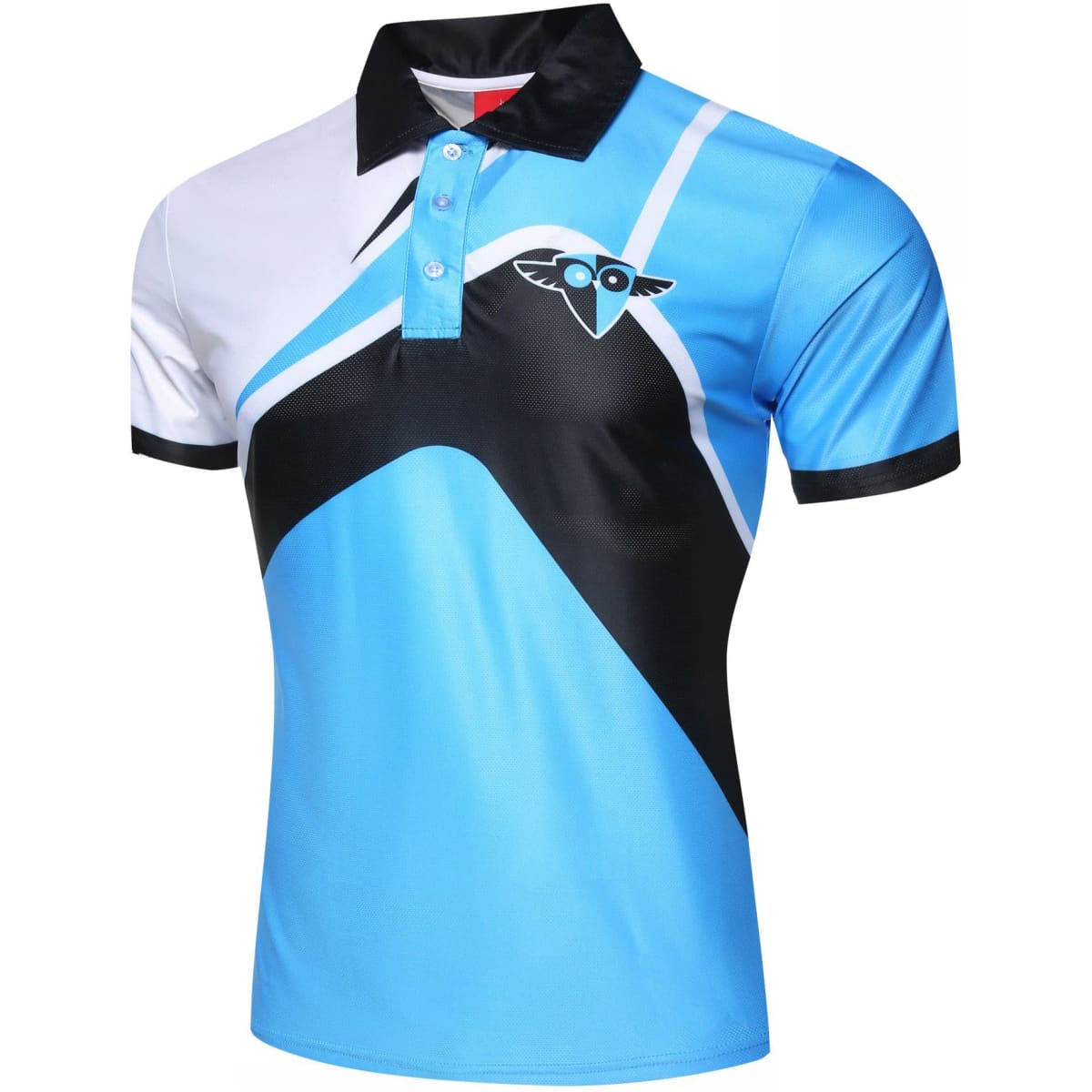 A blue and black polo shirt featuring a geometric design and a logo on the chest.