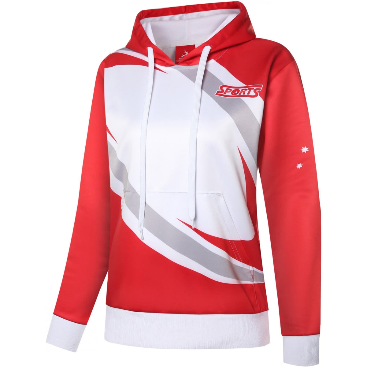 A red and white women's hoodie featuring a front pocket and a logo, with design elements in grey and small stars.