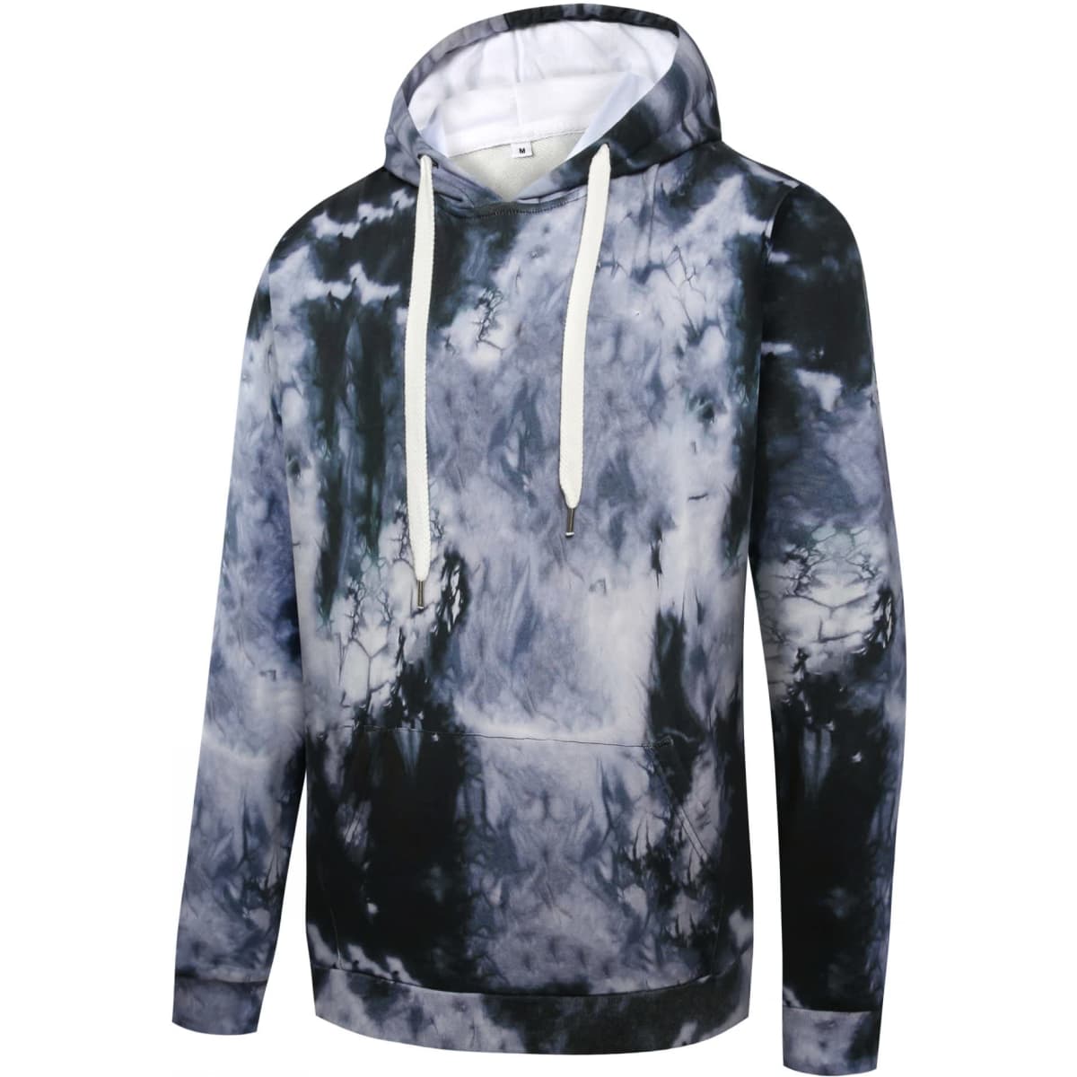 A cotton hoodie featuring a tie-dye design in shades of black and grey, with a hood and front pocket.