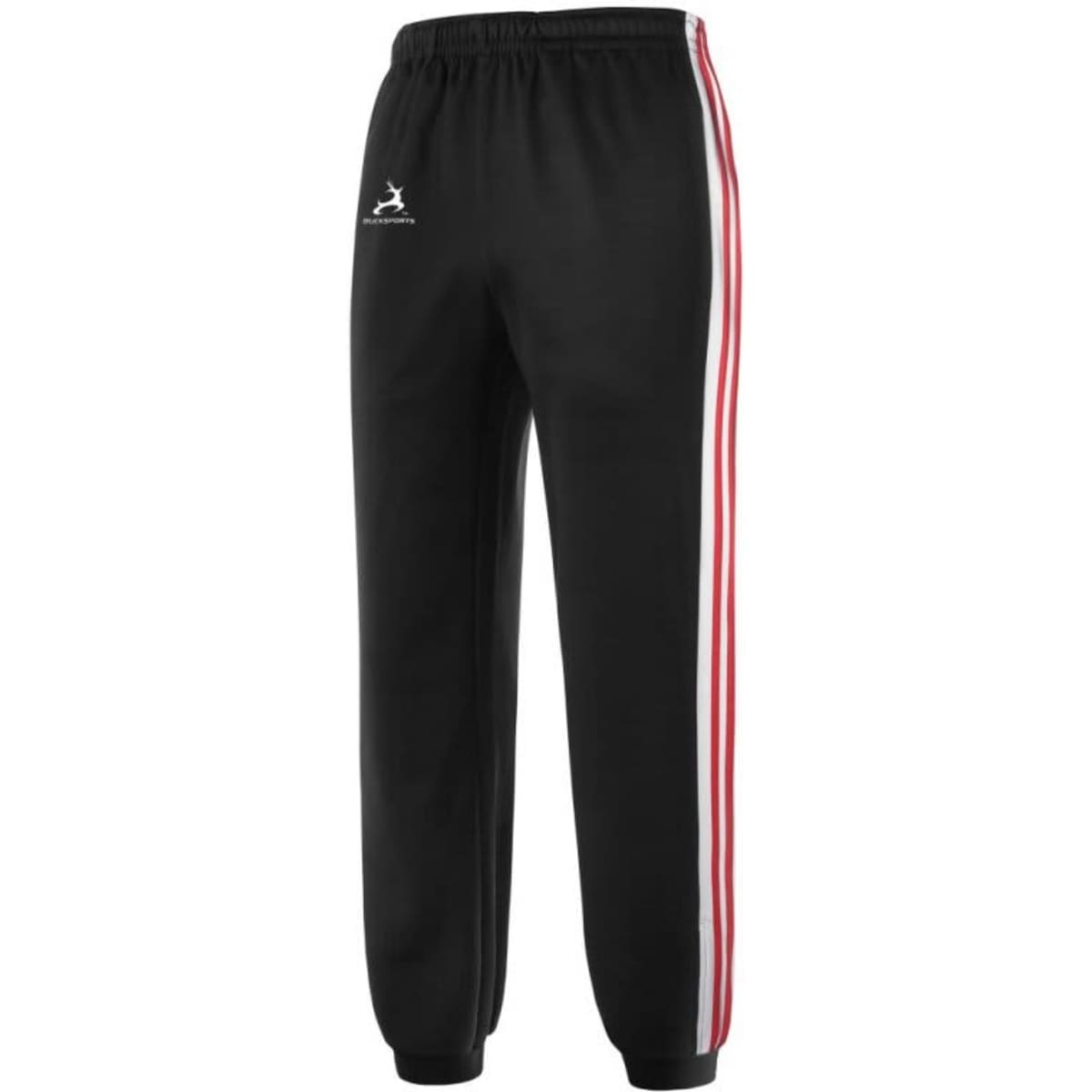 Black training pants with red stripes on the sides and a logo.