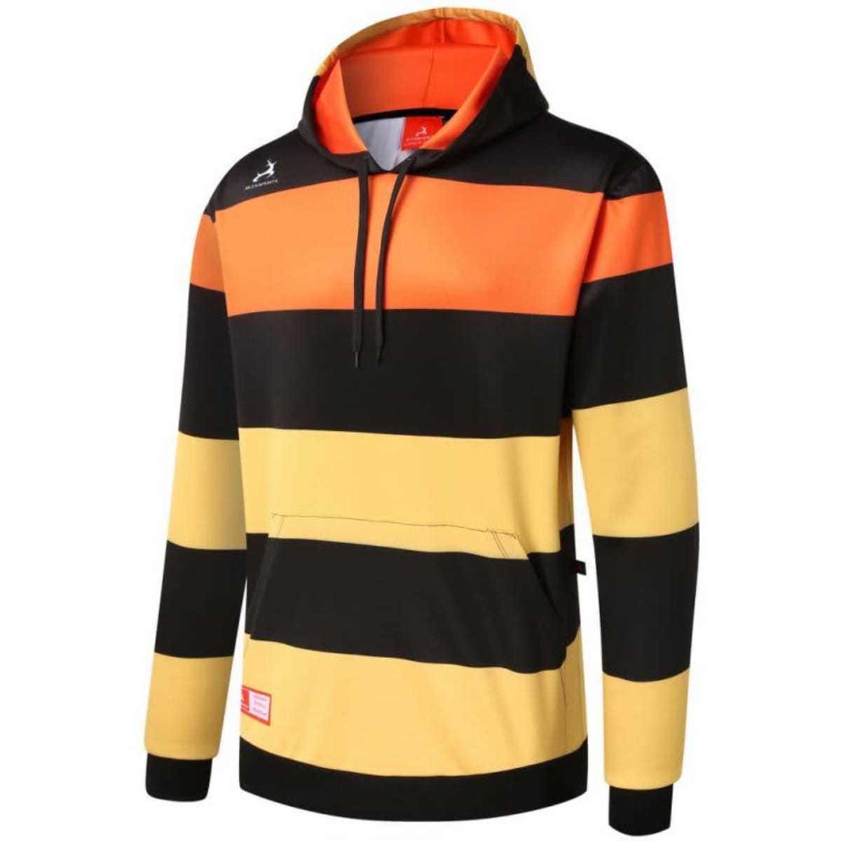 A striped hoodie in black, orange, and yellow, featuring a kangaroo pocket and a logo on the chest.