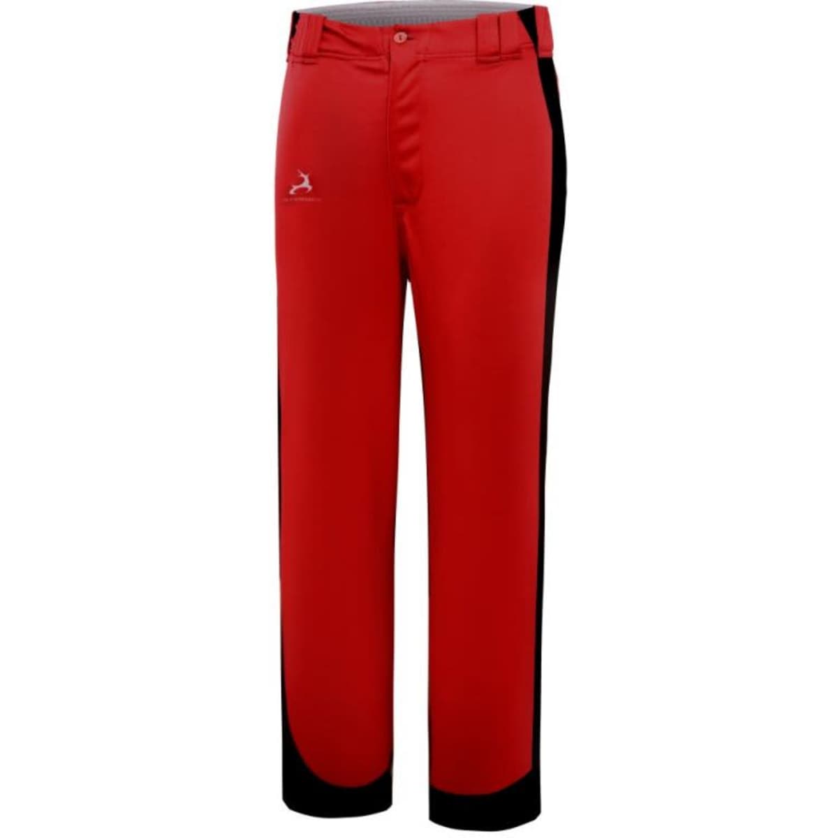 Red and black baseball pants with a logo on the front, featuring a classic fit and straight legs.