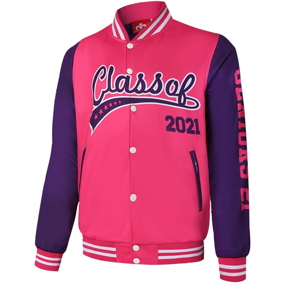A varsity jacket in pink and purple with "Class of 2021" featured prominently. It has a logo on it.