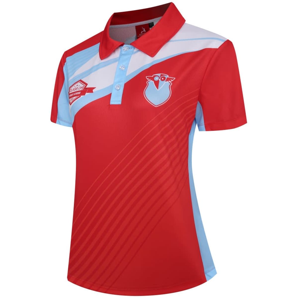 A red and light blue polo shirt for girls featuring a logo on the chest and a striped design.
