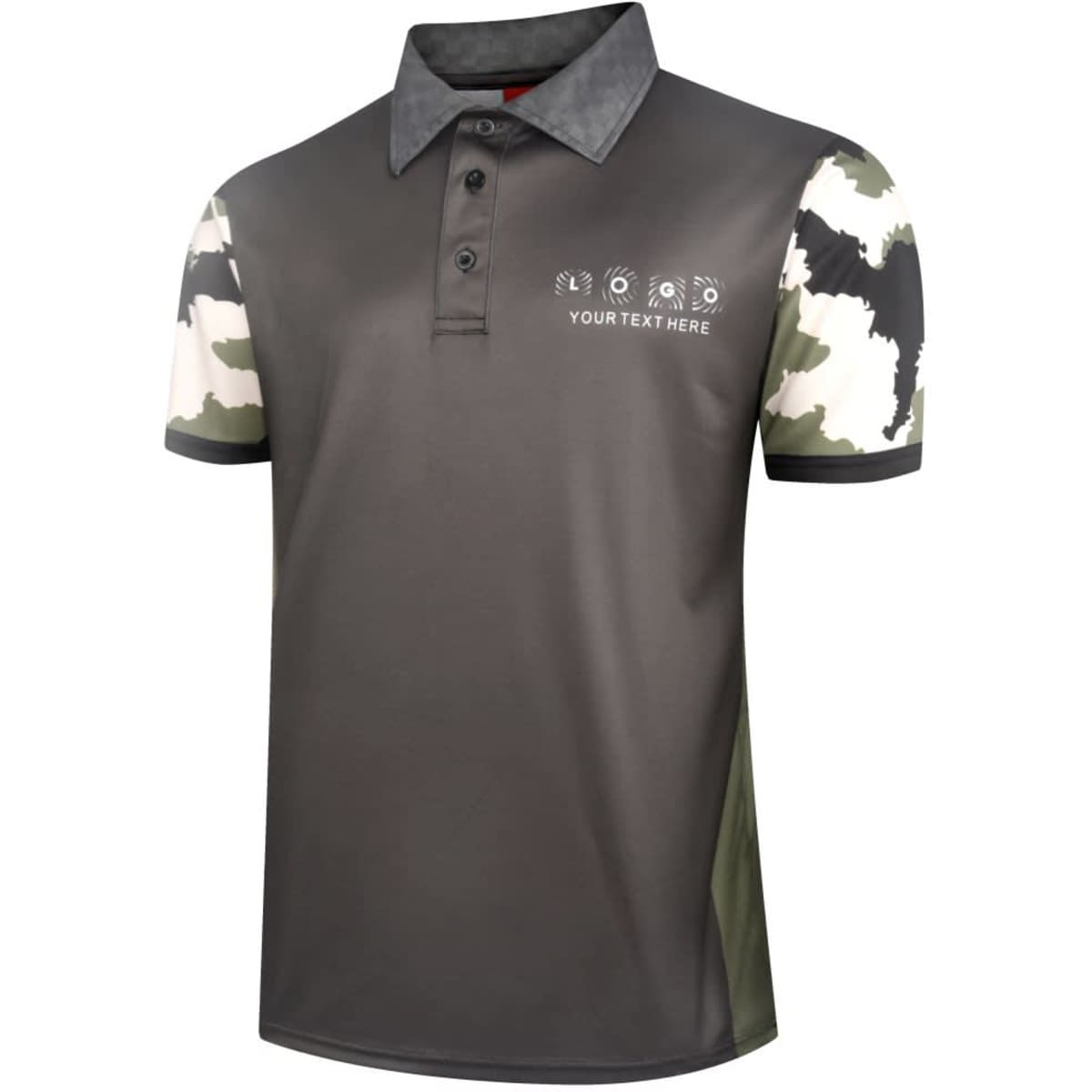 A camouflage sublimation polo in grey and green, featuring short sleeves and a collar, with a logo on the front.