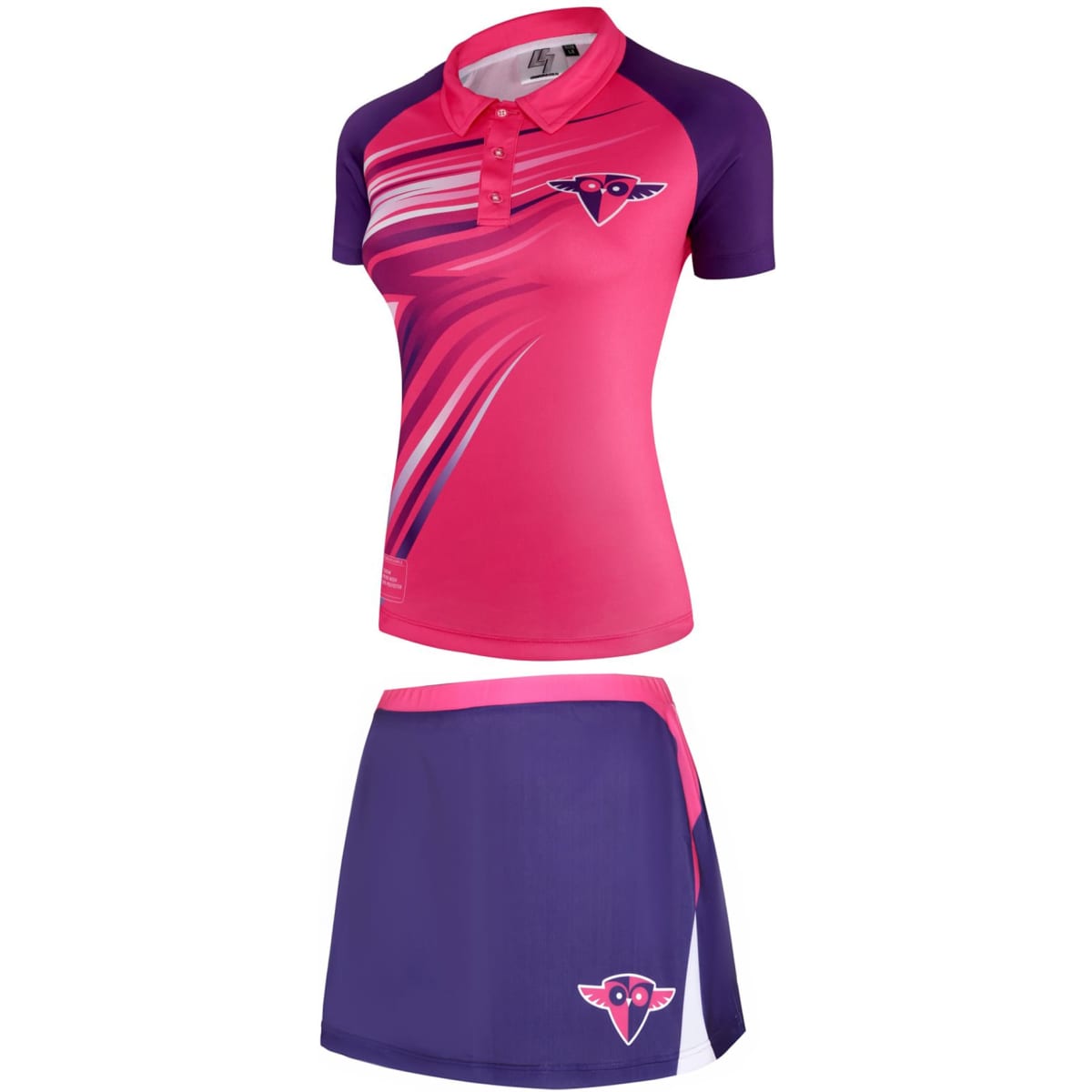 A pink and purple sports uniform featuring a short-sleeve polo shirt and a matching skirt, with a logo present.