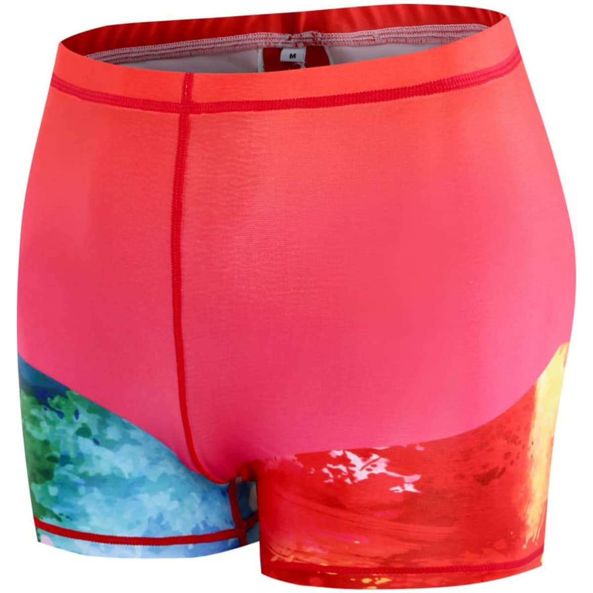 A pair of bright pink tight shorts with a colourful abstract pattern on the sides. Features a logo.