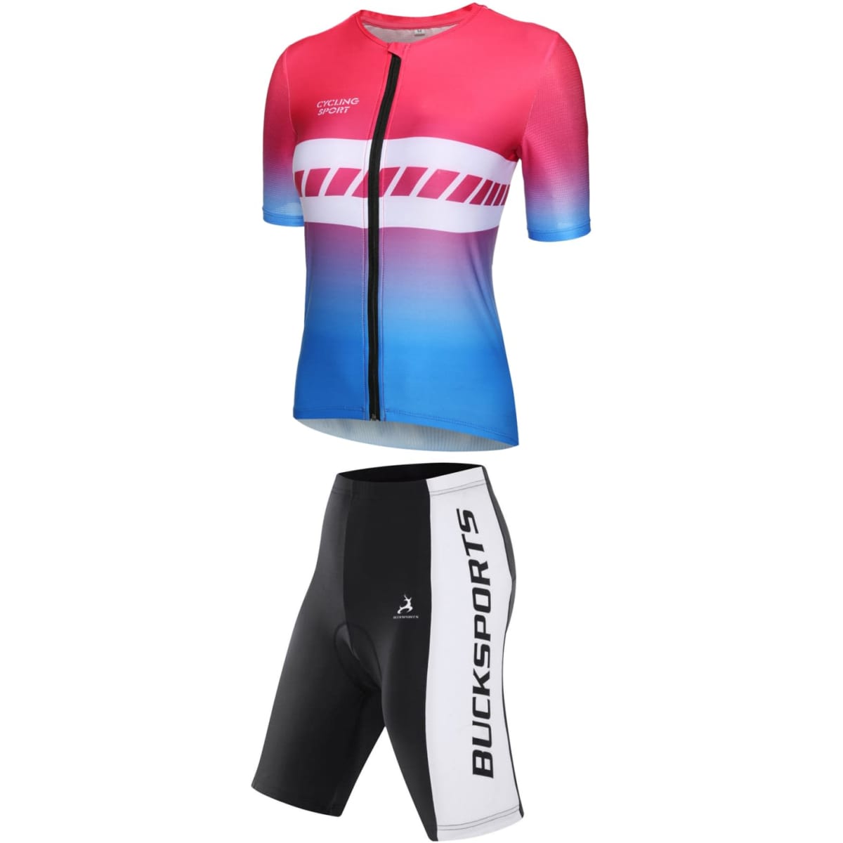 A cycling jersey in pink and blue gradient paired with black shorts featuring a branding logo.