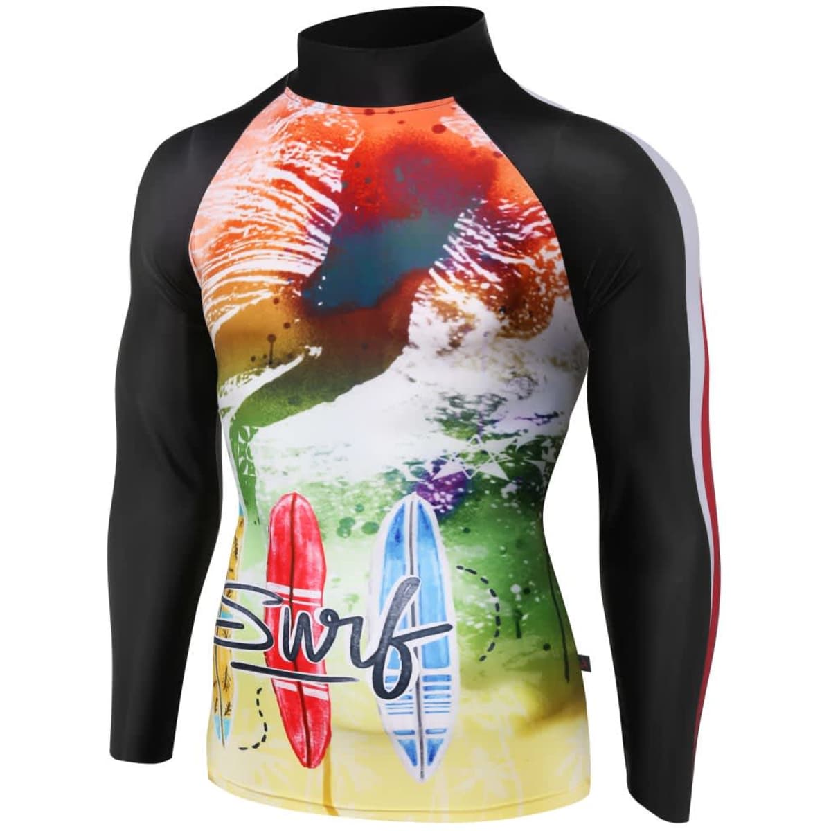 A long-sleeved rash shirt in black and multi-coloured with a surfboard design and a branding logo.