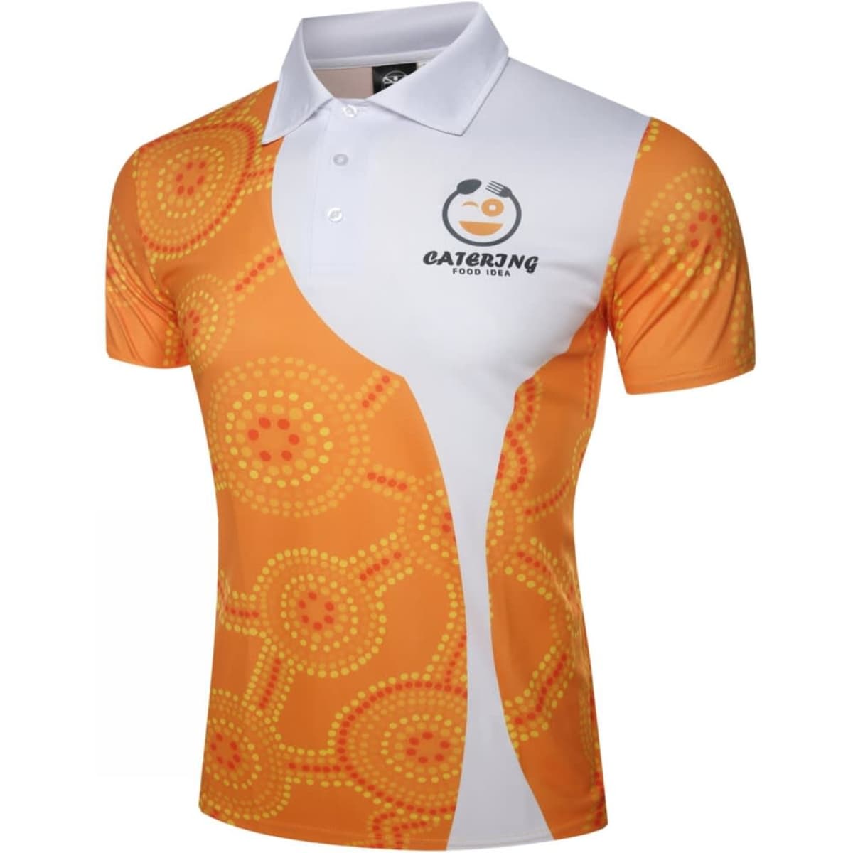 A vibrant orange and white polo shirt featuring a circular dot pattern and a logo on the chest.