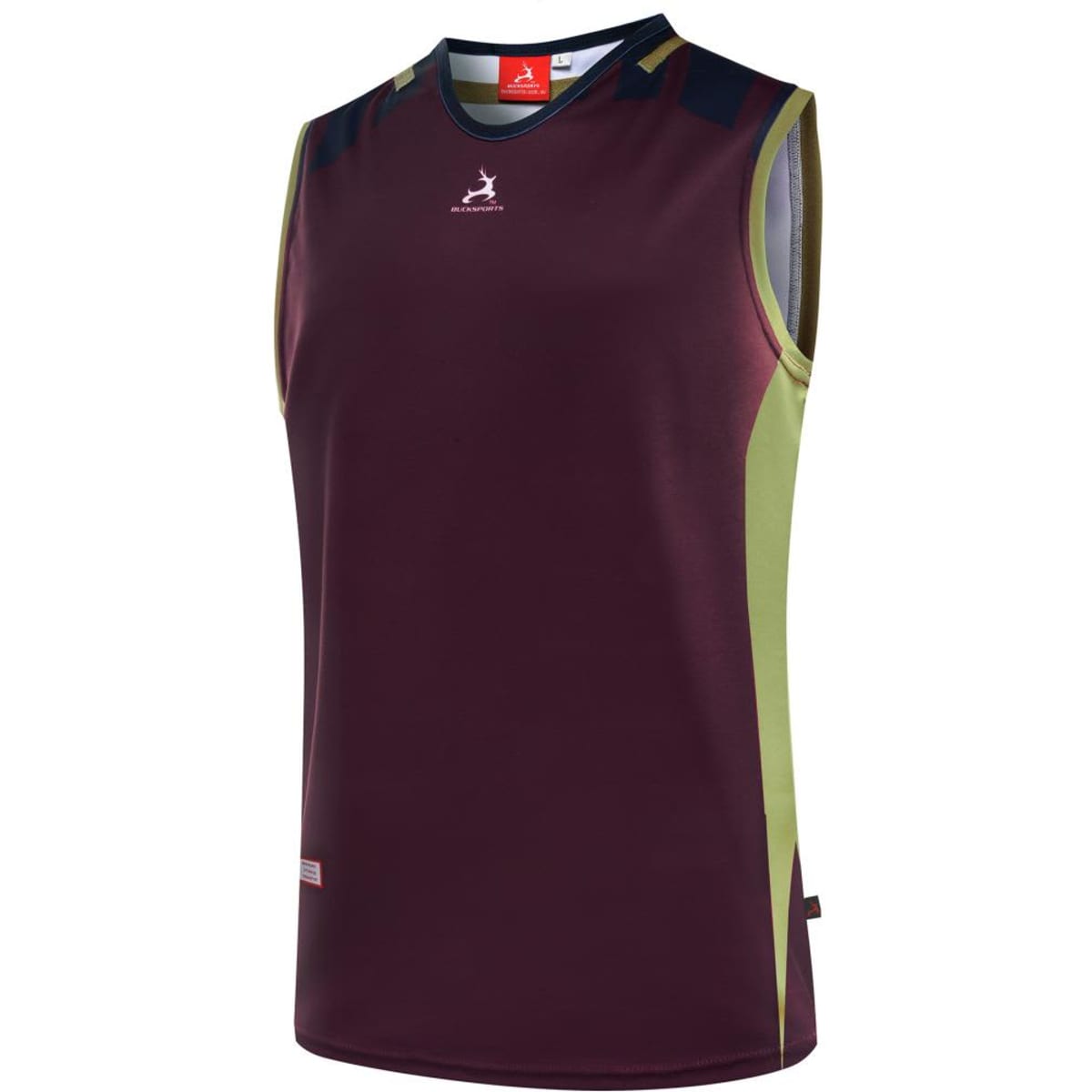 A maroon AFL singlet with green accents, featuring a logo on the front and a sporty design.