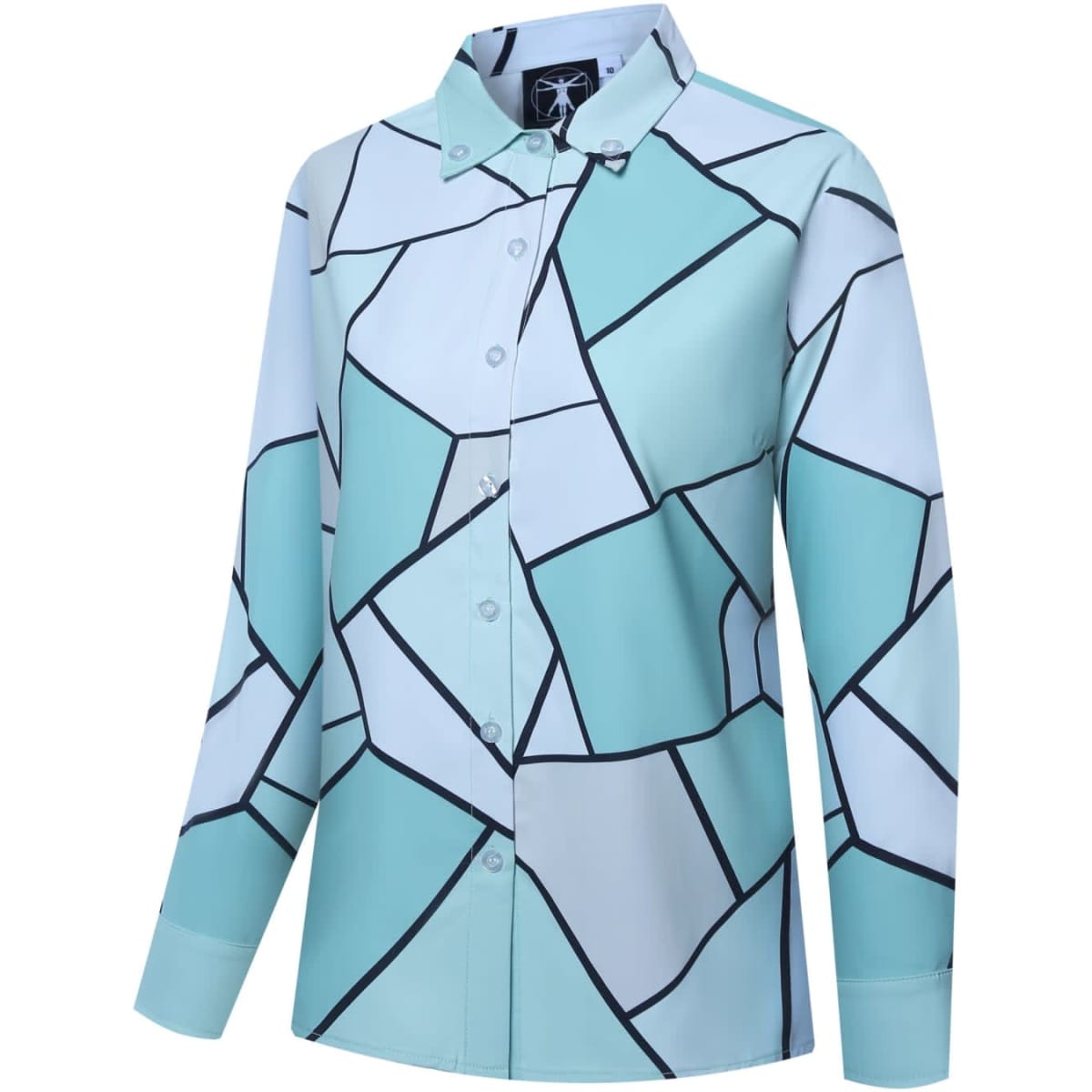 A long-sleeve shirt featuring a light blue and white geometric pattern with black outlines and a collar.