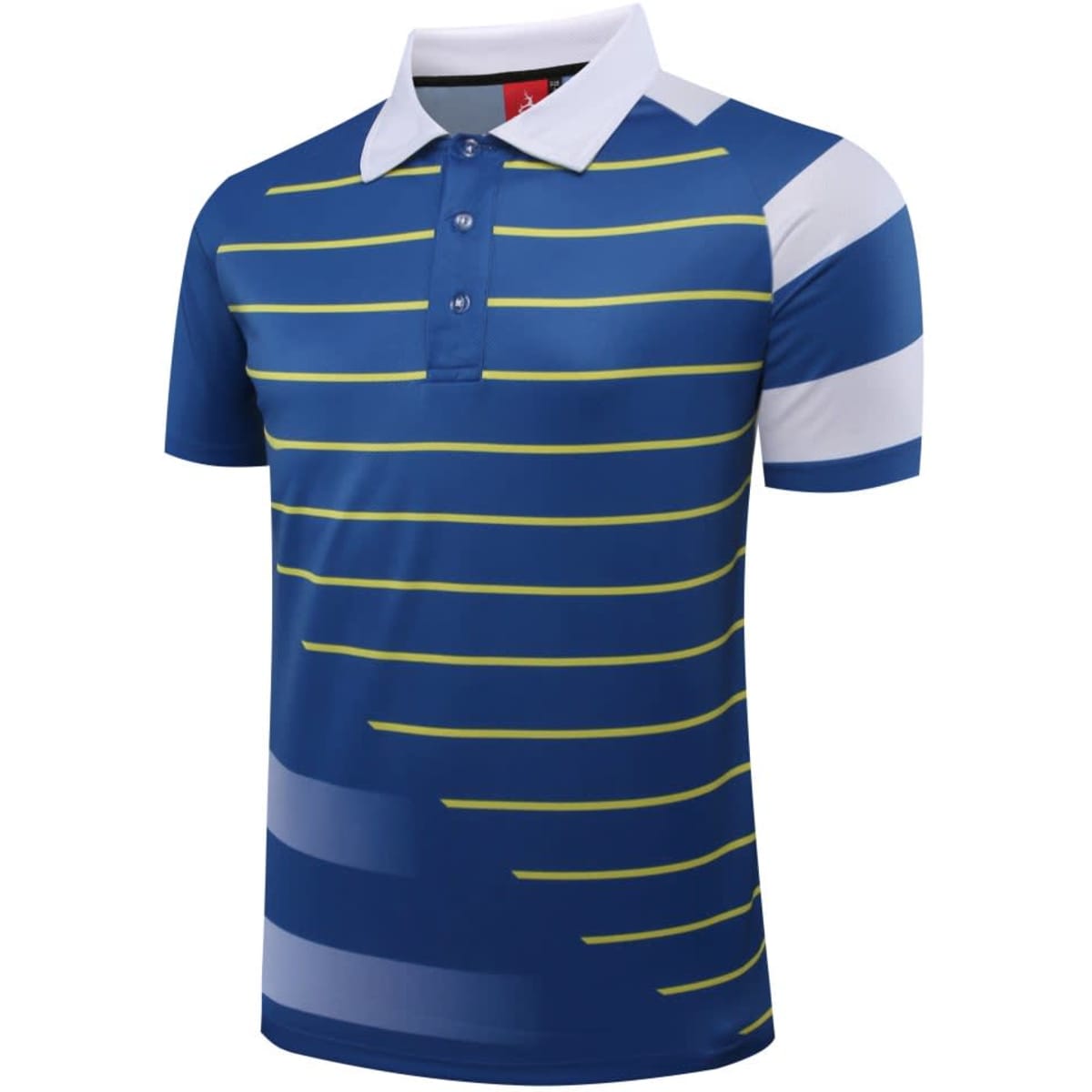 A short-sleeved polo shirt featuring blue and white stripes with green accents and a collar. It has a logo on the chest.