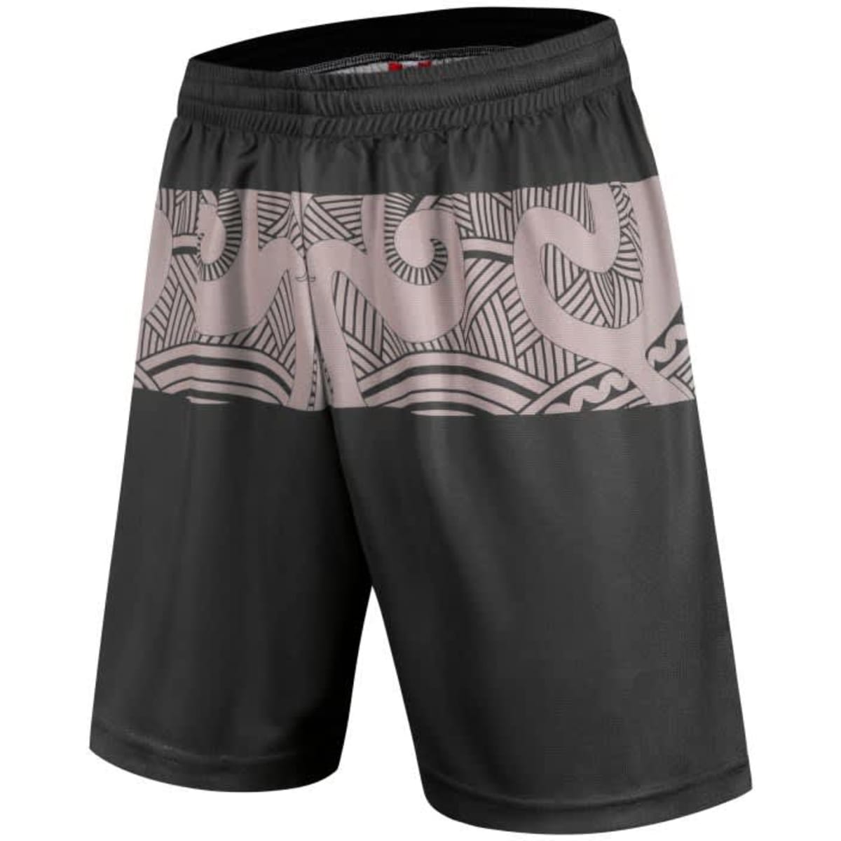 ABORIGINAL/INDIGENOUS SHORTS featuring a black design with a patterned grey waistband and logo.