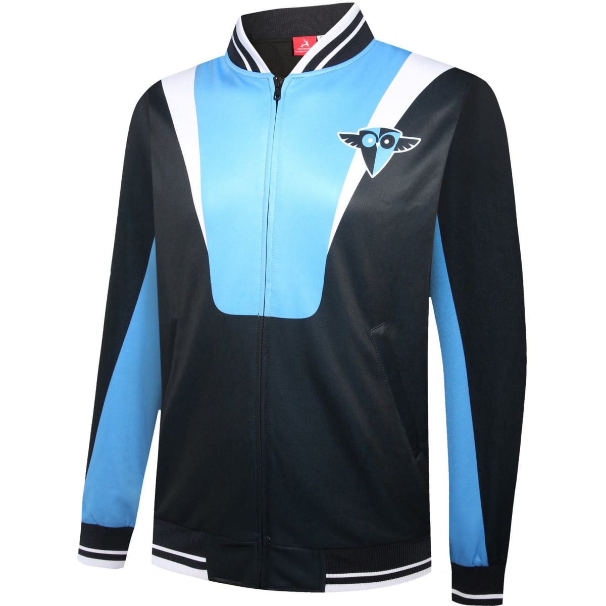 A zippered varsity jacket in blue and black with a logo on the chest, featuring white accents and striped cuffs.