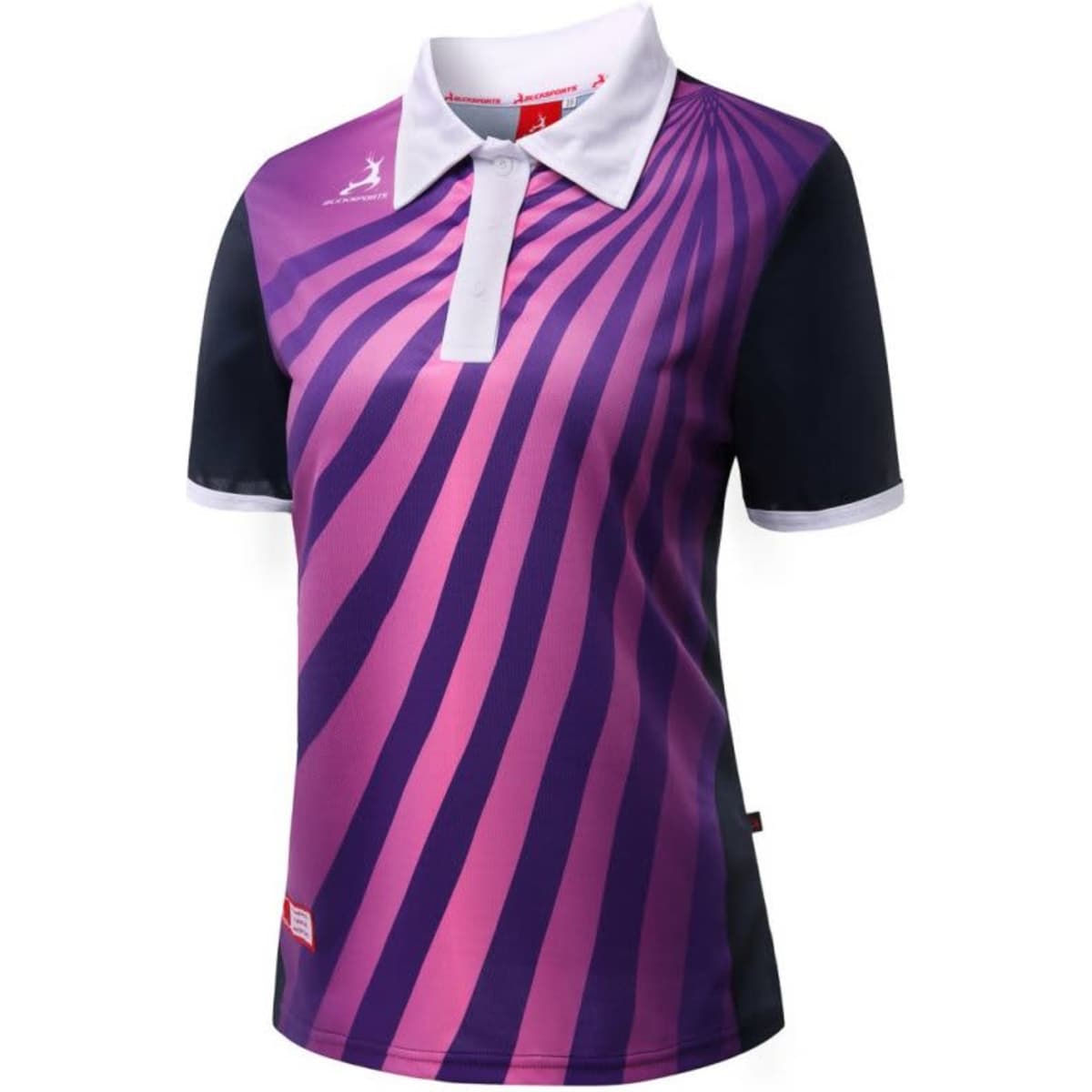 A polo shirt in purple and navy with a striped design, featuring a white collar and a logo.