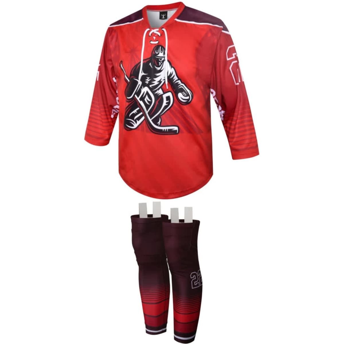 A red hockey jersey featuring a graphic of a player and matching red gradated pants. The outfit includes a logo.