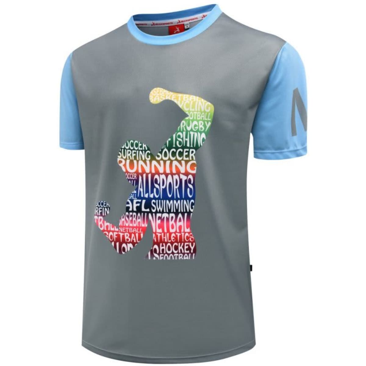 A grey and blue T-shirt featuring a colourful graphic made up of various sports-related words. It has a logo.
