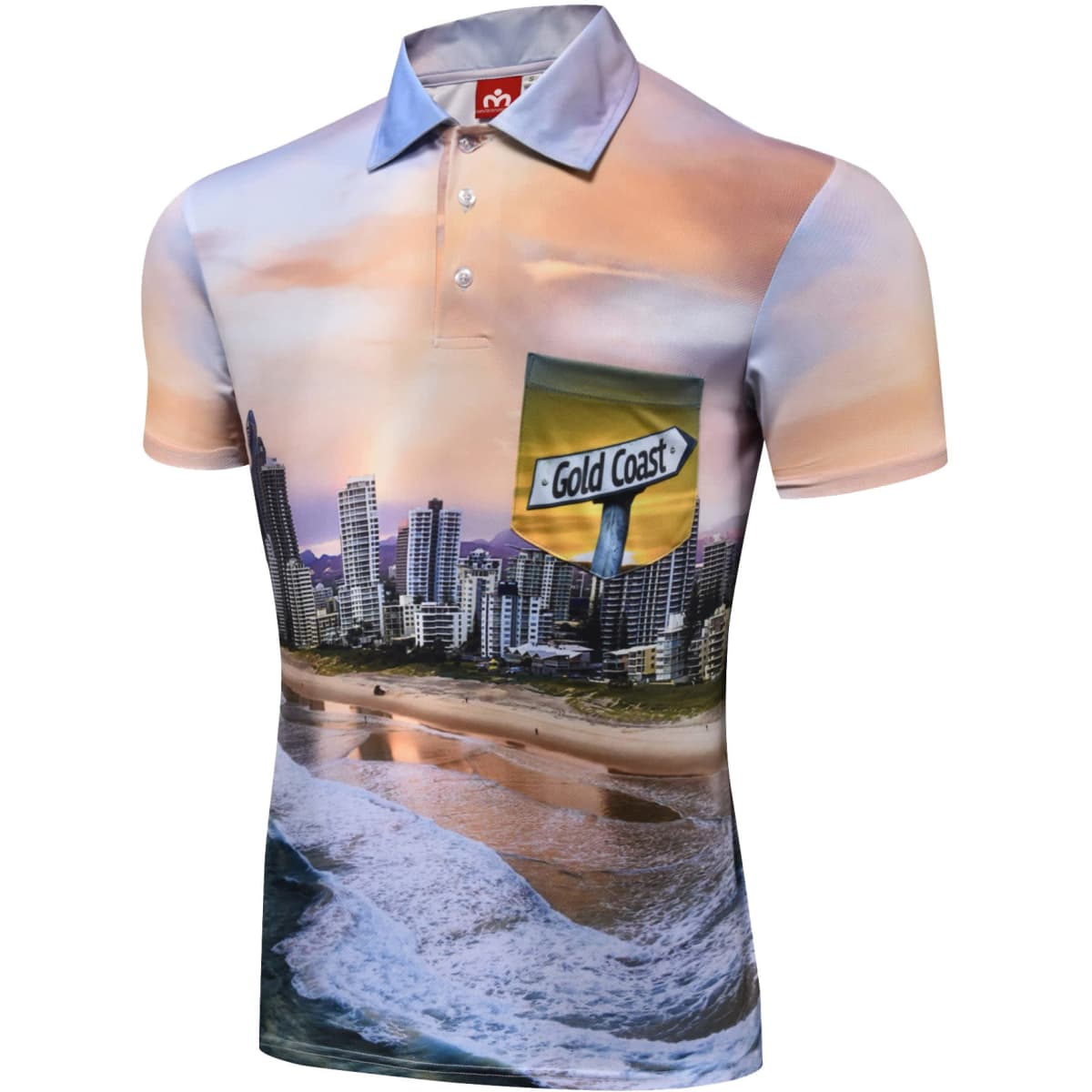 A short-sleeved polo shirt featuring a vibrant Gold Coast beach scene and a pocket design, predominantly in shades of blue and beige.