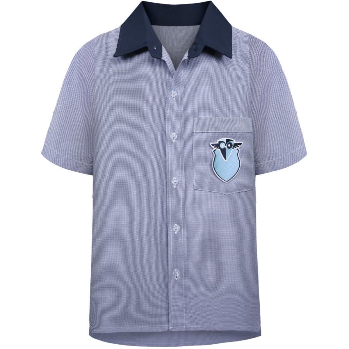 Custom school boys' shirt in blue and white with a navy collar and a pocket featuring a logo.
