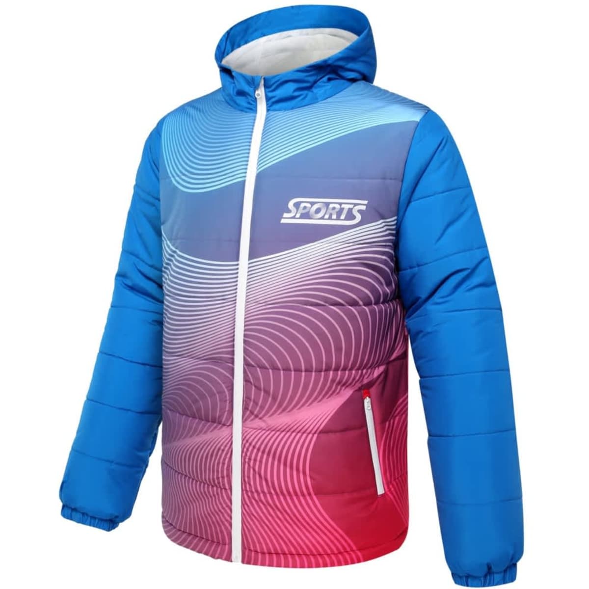 A puffer long coat in blue and pink with a wave pattern and a hood, featuring a logo on the front.
