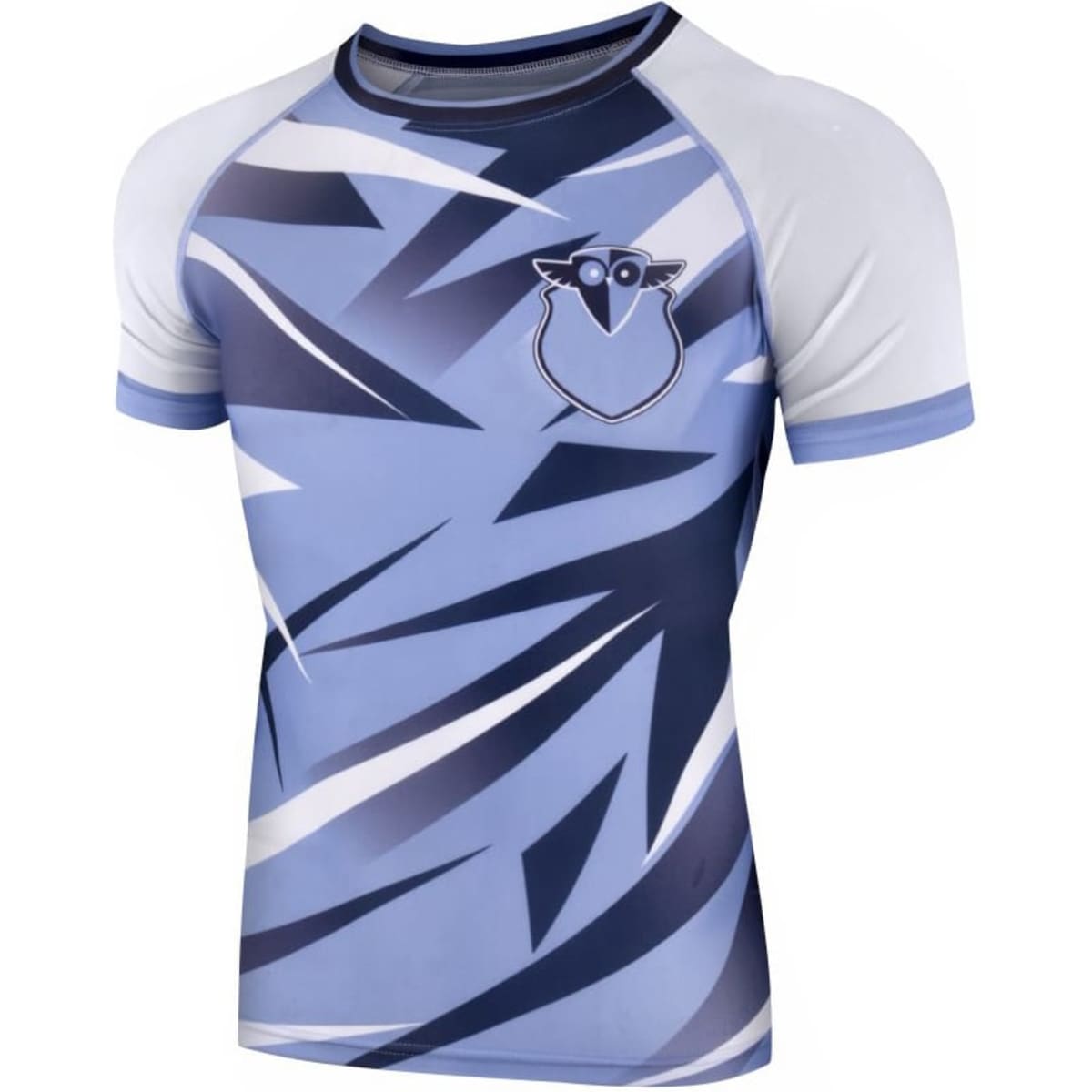 A blue and white short-sleeved swimwear top featuring a bold abstract design and a logo.