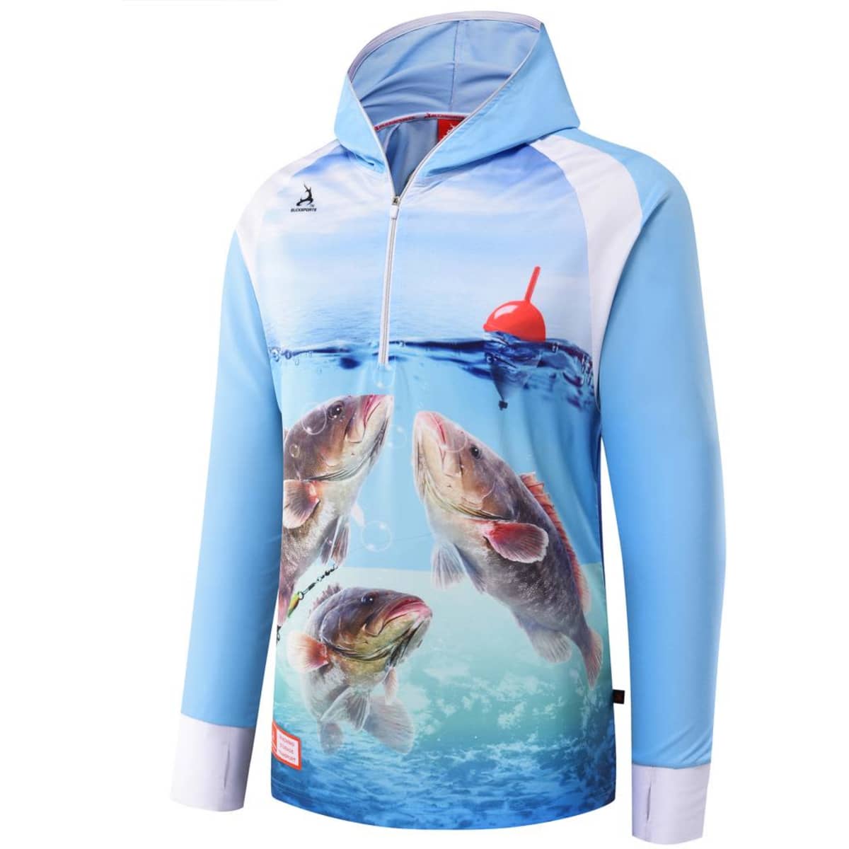 A light blue hoodie featuring an aquatic design with fish and a bobber, complete with a logo.