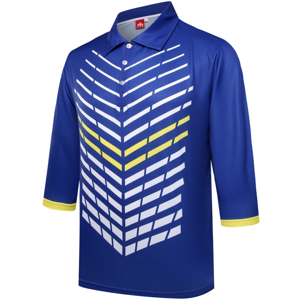 A blue sublimation polo with a striking white and yellow chevron pattern and three-quarter sleeves. It features a logo.