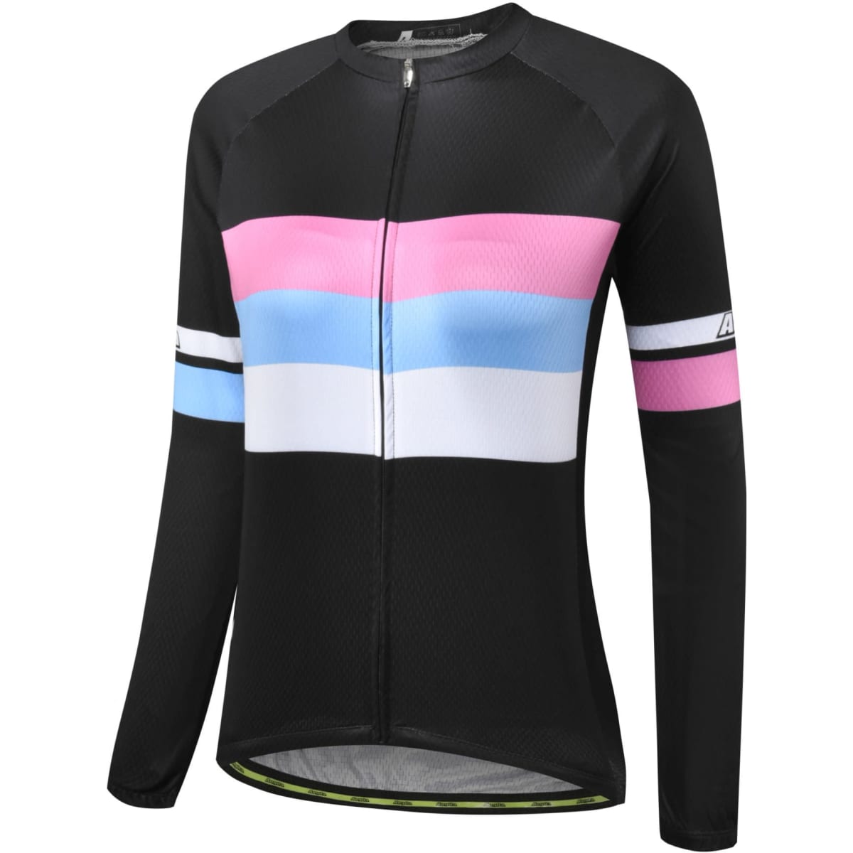 A cycling racing top in black with pink, blue, and white horizontal stripes, featuring a front zipper and long sleeves.