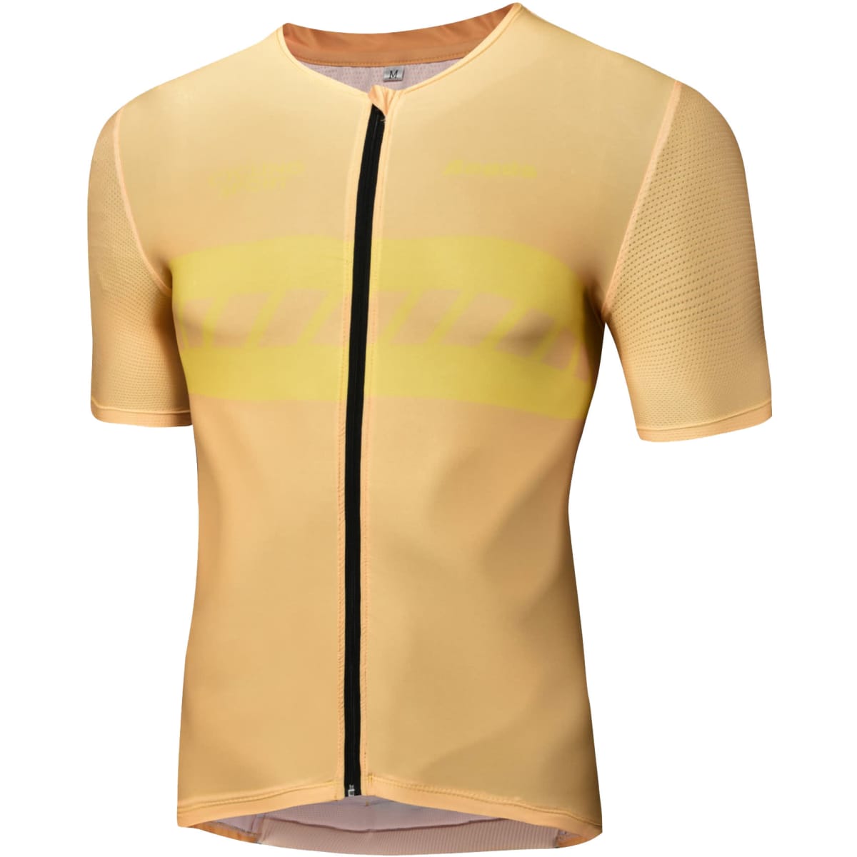 A cycling jersey in a light yellow colour with short sleeves and a front zip, featuring a panel design and a logo.