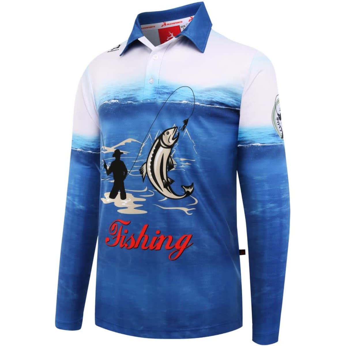 A long-sleeved fishing polo in blue featuring a fish design and a logo on the sleeve.