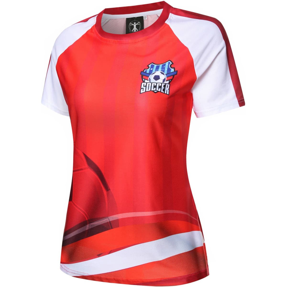 A red women's soccer tee featuring a graphic design and a logo. The shirt has white accents on the sleeves.