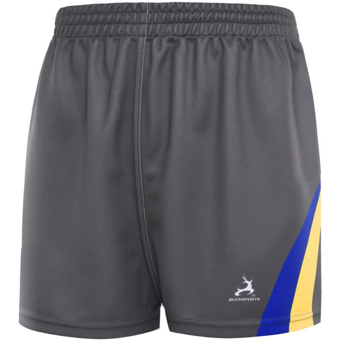 A pair of grey athletic shorts with yellow and blue accents, featuring a logo on the lower front.