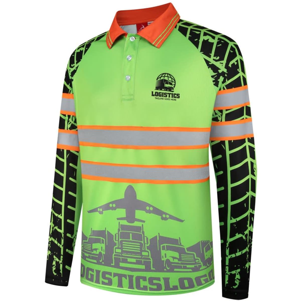 A long-sleeve shirt in bright green with reflective tape and black accents featuring a tyre tread and truck designs.