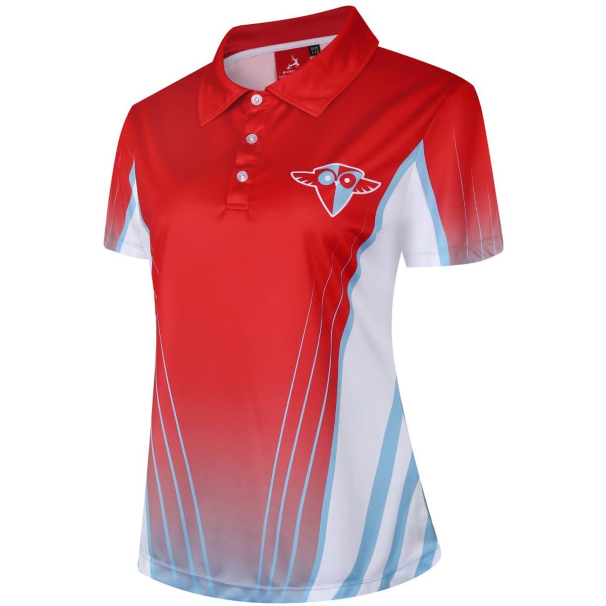 A red and white polo shirt with a blue design and a logo on the chest.