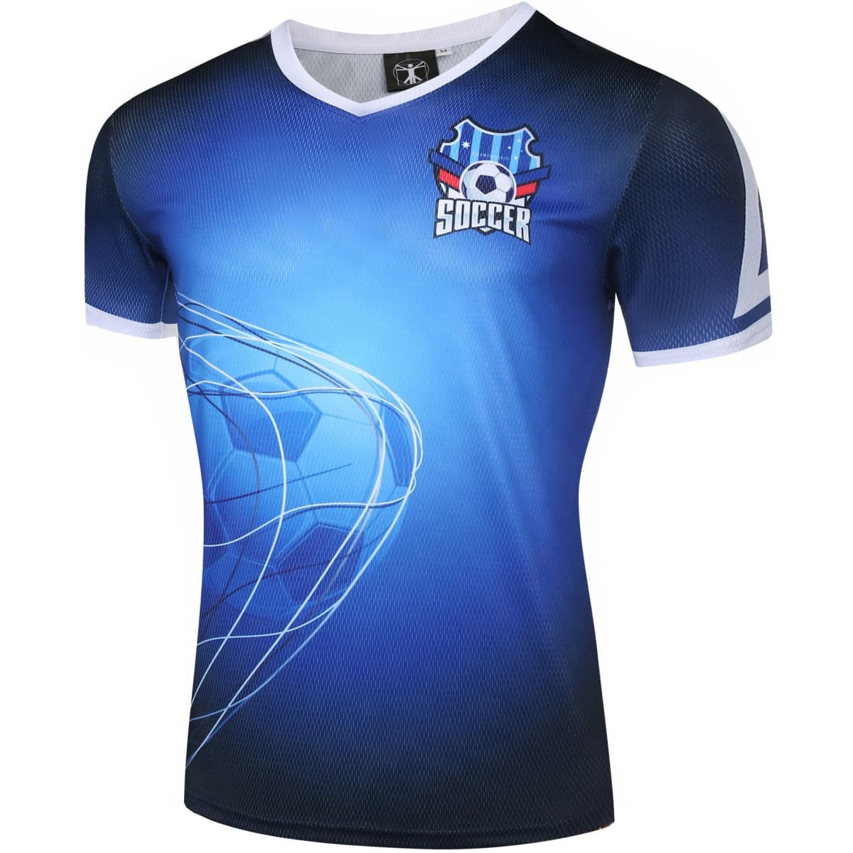 A blue soccer uniform t-shirt featuring a graphic design and a logo on the chest.