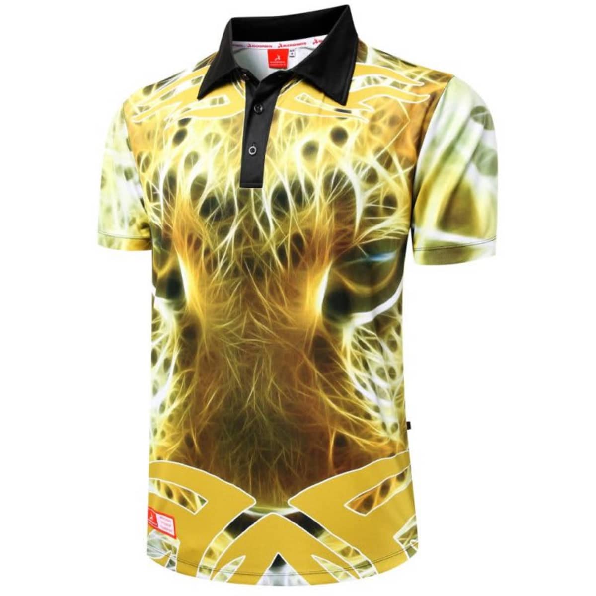 A polo shirt featuring a striking leopard design in shades of yellow and black, with a branded label at the bottom.