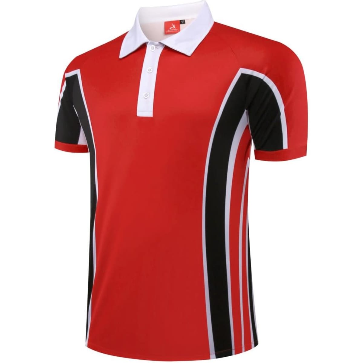 A red polo shirt featuring black and white accents, with a collar and buttons, and a logo on the front.