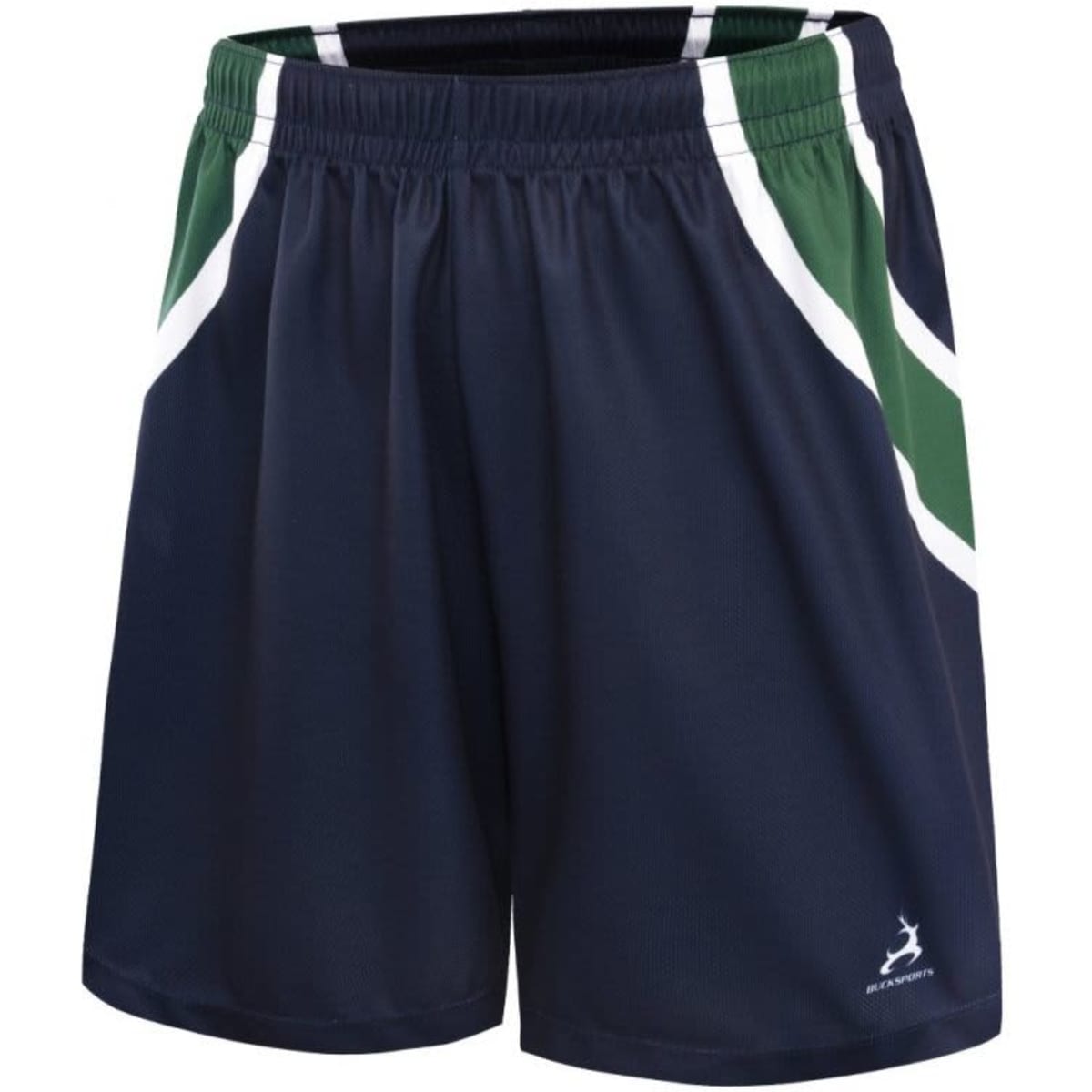 Athletic shorts in navy blue with green and white accents, featuring a logo on the front.