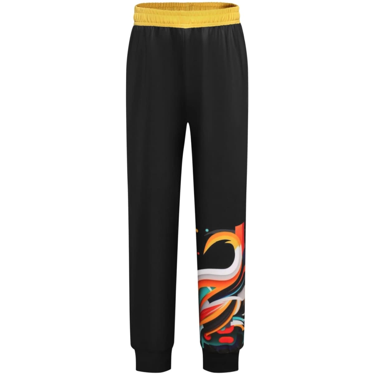 Black pants with a colourful design on one leg and a yellow elastic waistband. Features branding.