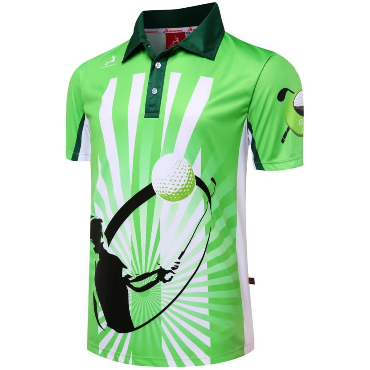 A green golf shirt with a graphic design featuring a golfer and golf ball, complemented by a contrasting collar.